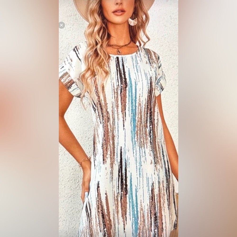 Women's Multicolor Brush Print Batwing Sleeve Tunic Striped Dress
